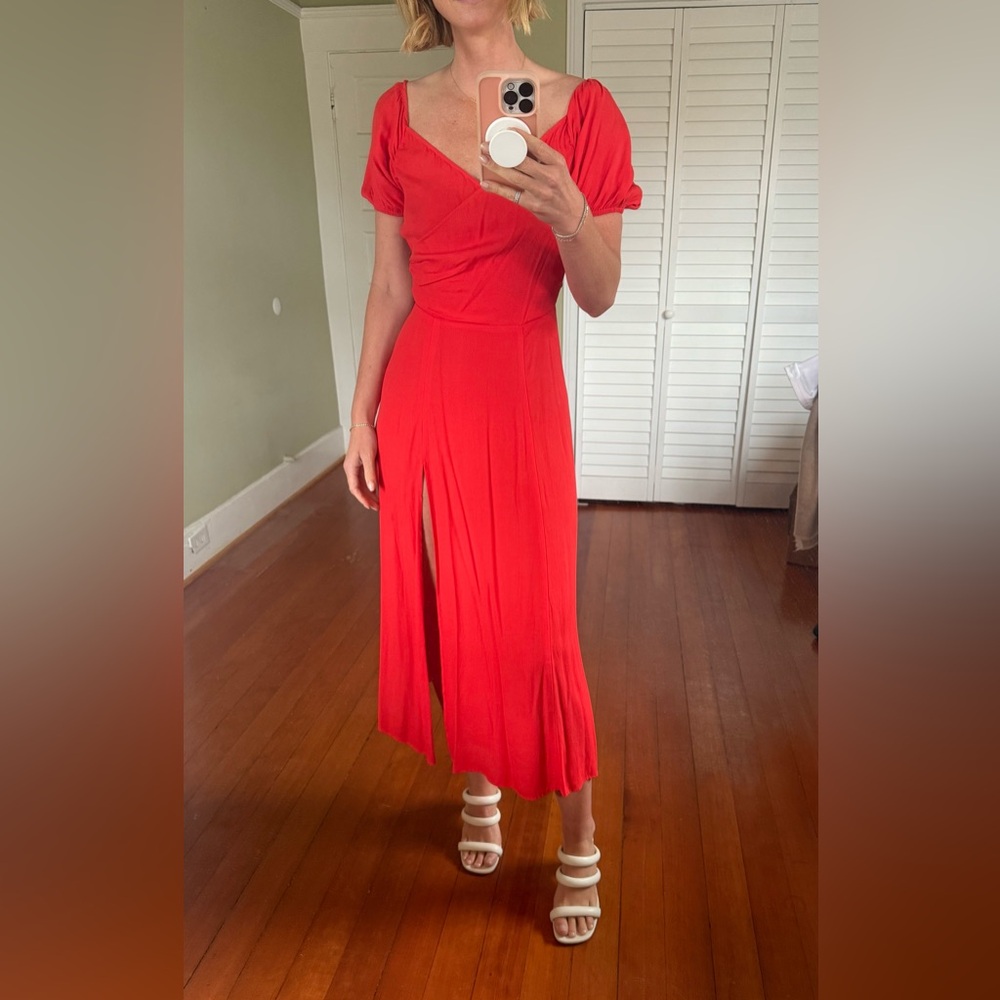 Reformation red dress, wrap bodice, nipped waist, puff sleeves, slit